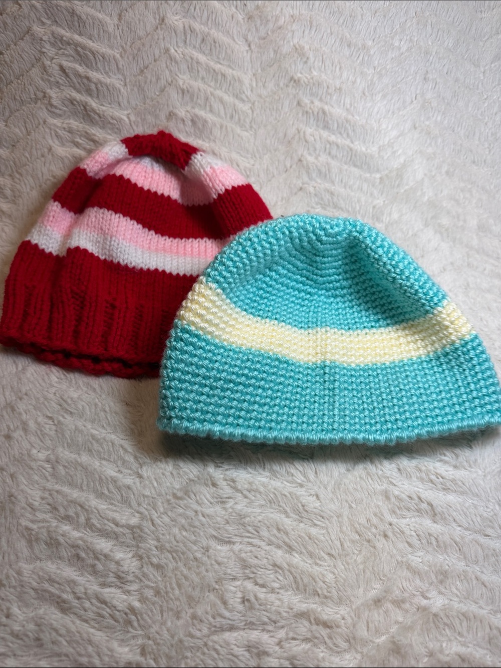 Kids Handmade Knit Beanie Two Pack - Red & Aqua Striped Hats. S/M.
